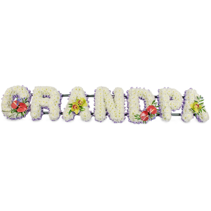 In this image, the word "GRANDPA" stretches from left to right in a continuous floral script, although each letter is defined and blocky rather than cursive, creating a strong, easily read tribute often chosen for funeral services around Gospel Oak and Hampstead Heath. Every capital is packed with white chrysanthemums, the tightly clustered blooms creating a plush, almost quilted texture that reaches right to the edges of the letters. The uniformity of the flowers gives the arrangement a calm, cohesive look, while the subtle variations in petal shape and shadow add depth. Along the lower edge of each letter, a slim band of pale lavender ribbon adds a soft blush of colour, outlining the shapes and lending a touch of gentle refinement to the design. Dark green bars run behind the arrangement, mostly hidden but crucial for holding all seven letters in a straight, even line, ready to be displayed on a hearse or near the lectern during a service. Splashes of colour are introduced with four accent sprays, each thoughtfully positioned. The 'G' on the left and the 'D' slightly to the right of centre are highlighted with bold clusters of red anthuriums, their waxy, heart-shaped heads and prominent yellow spadices gleaming against glossy foliage. These deep reds hint at strong affection and gratitude. The first 'A' and the final 'A' on the right carry sprays of yellow-green orchids, whose delicate, arching petals and fresh leaves bring a luminous, hopeful note, reminiscent of filtered light over the trees by Lissenden Gardens. The balance of white, red, and green creates a tribute that feels grounded and affectionate, a floral phrase that quite literally spells out love for a much-missed grandfather.