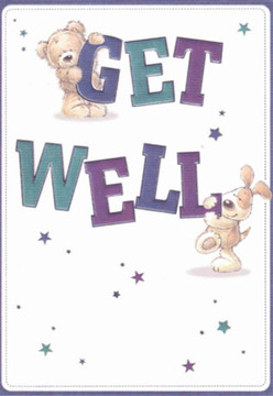 Framed by a luminous white setting, this get well card immediately welcomes you with its tender, joyful illustrations-an affectionate teddy gripping the word 'GET' above, and a lively puppy nestling beside the bold 'WELL' below, both radiating warmth and optimism. Swirling around them, bright stars in shades of teal and purple seem almost to lift the scene above the everyday, much like watching the sun rise over Gospel Oak's leafy avenues. The rich colour of the text-a duo of bold purples and tranquil teals-anchors the message with vibrant resolve, setting a tone reminiscent of bouquets bursting with hyacinths and bluebells from our nearby shop. The animals' rounded forms and candid expressions add a sense of familiarity and comfort, qualities that echo the nurturing spirit within the Gospel Oak community. Each texture is thoughtfully rendered-the bear's fluffy fur, the puppy's soft ears-inviting a sense of touch and reassurance akin to fresh petals placed just right. This scene conjures the soothing mood of local deliveries sent out from Flowers Gospel Oak, where each arrangement is meticulously crafted to comfort and uplift. There's a gentle, healing energy here; the artwork offers not just well wishes but a visual embrace, perfect for those convalescing across NW5.